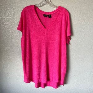 Tahari 1X v-neck, 100% linen short sleeve pink top